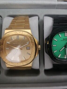 Bape Gold Tone Stainless Watch with Green Dial Black Case Watch Duo